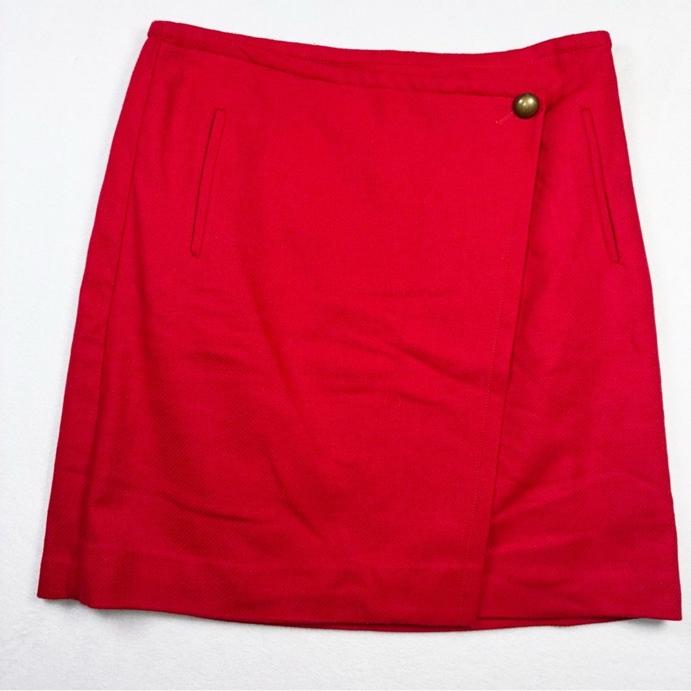 Talbots Faux Wrap Mini Skirt Red Wool Blend 12 NWT Gold Tone Button Classic